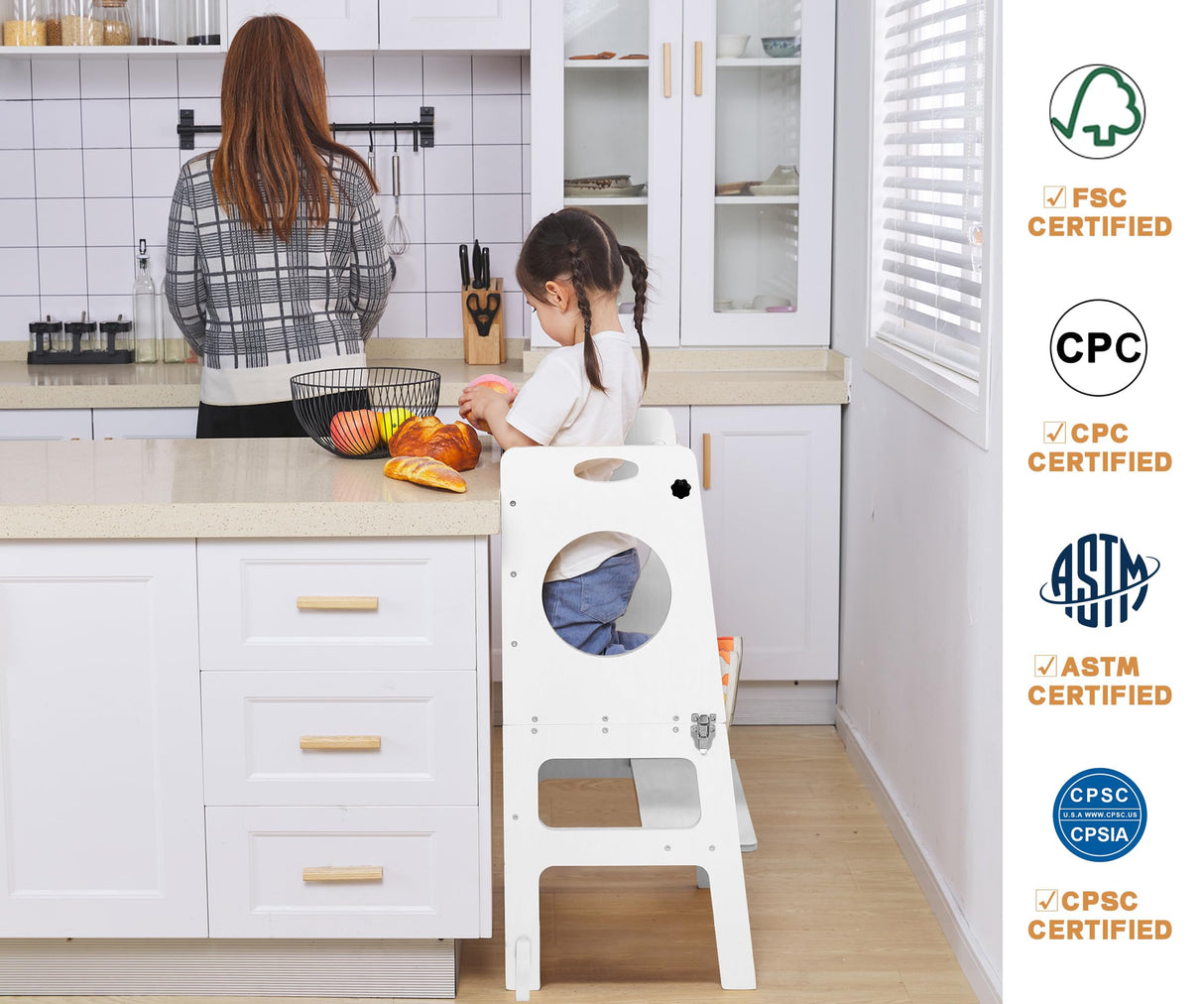 Foldable 4-in-1 Study Tower with Chalkboard for Learning, Montessori Kitchen Step Stool Toddlers Folding Stool for Kids 1-6years Ideal Helper (White) FANABAS