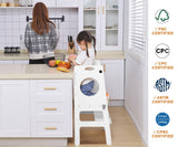 Foldable 4-in-1 Study Tower with Chalkboard for Learning, Montessori Kitchen Step Stool Toddlers Folding Stool for Kids 1-6years Ideal Helper (White) FANABAS