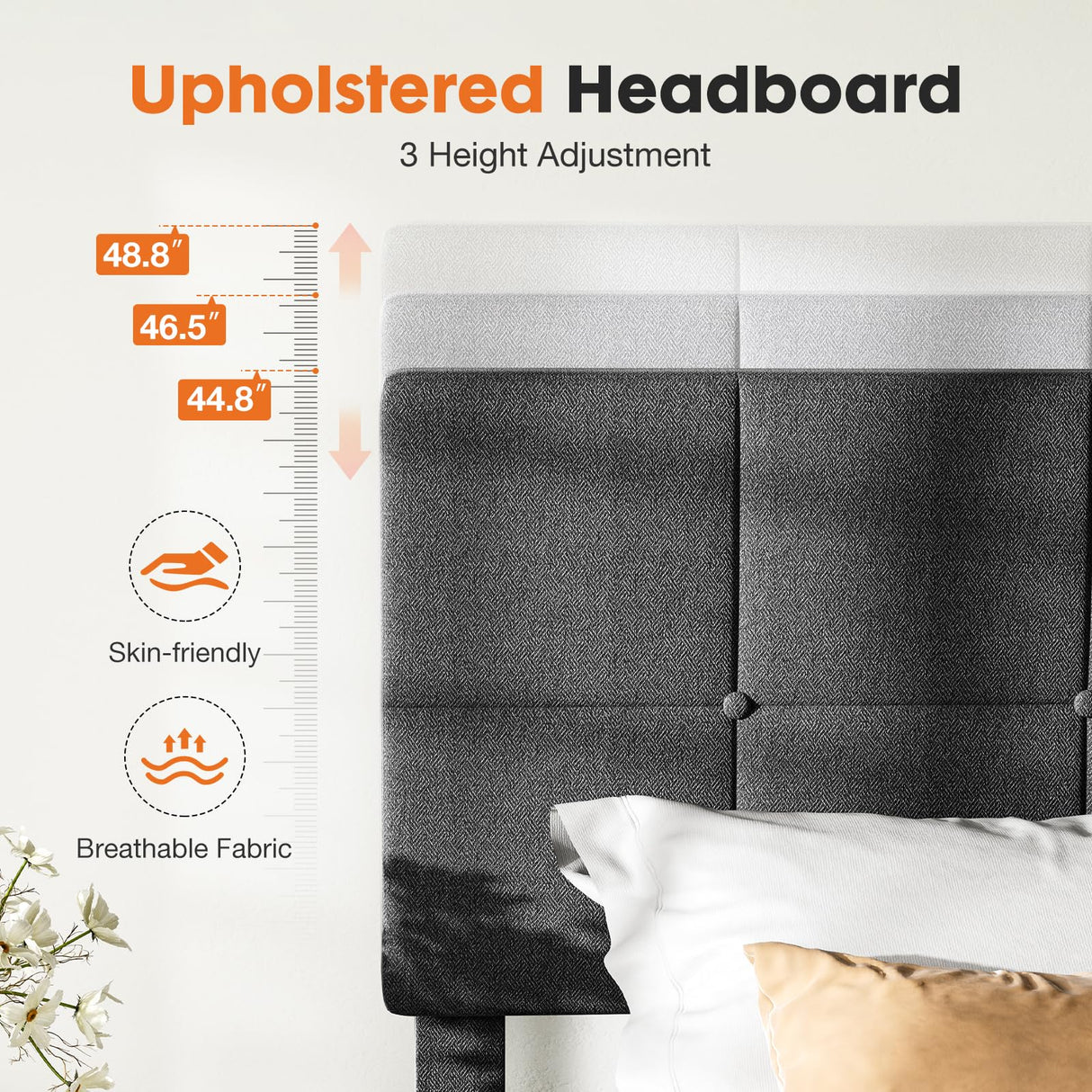 Sweetcrispy Queen Size Wood Bed Frame - Linen Upholstered Platform Bed with Headboard, No Box Spring Needed with 800LBS Sturdy Wooden Slats Support, Noise Free, Easy Assembly, Dark Grey Sweetcrispy