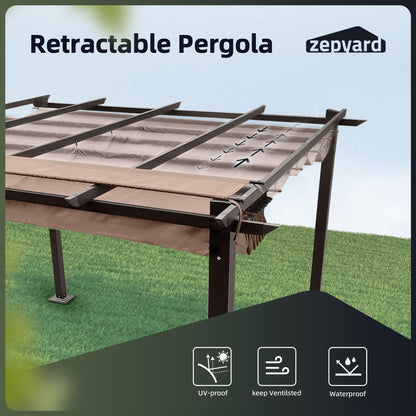 ZEPYARD 10X10 FT Outdoor Pergola, Aluminum Pergola with Sun Shade Retractable Canopy, Patio Retractable Pergola for Deck, Backyard, Grill (Brown)