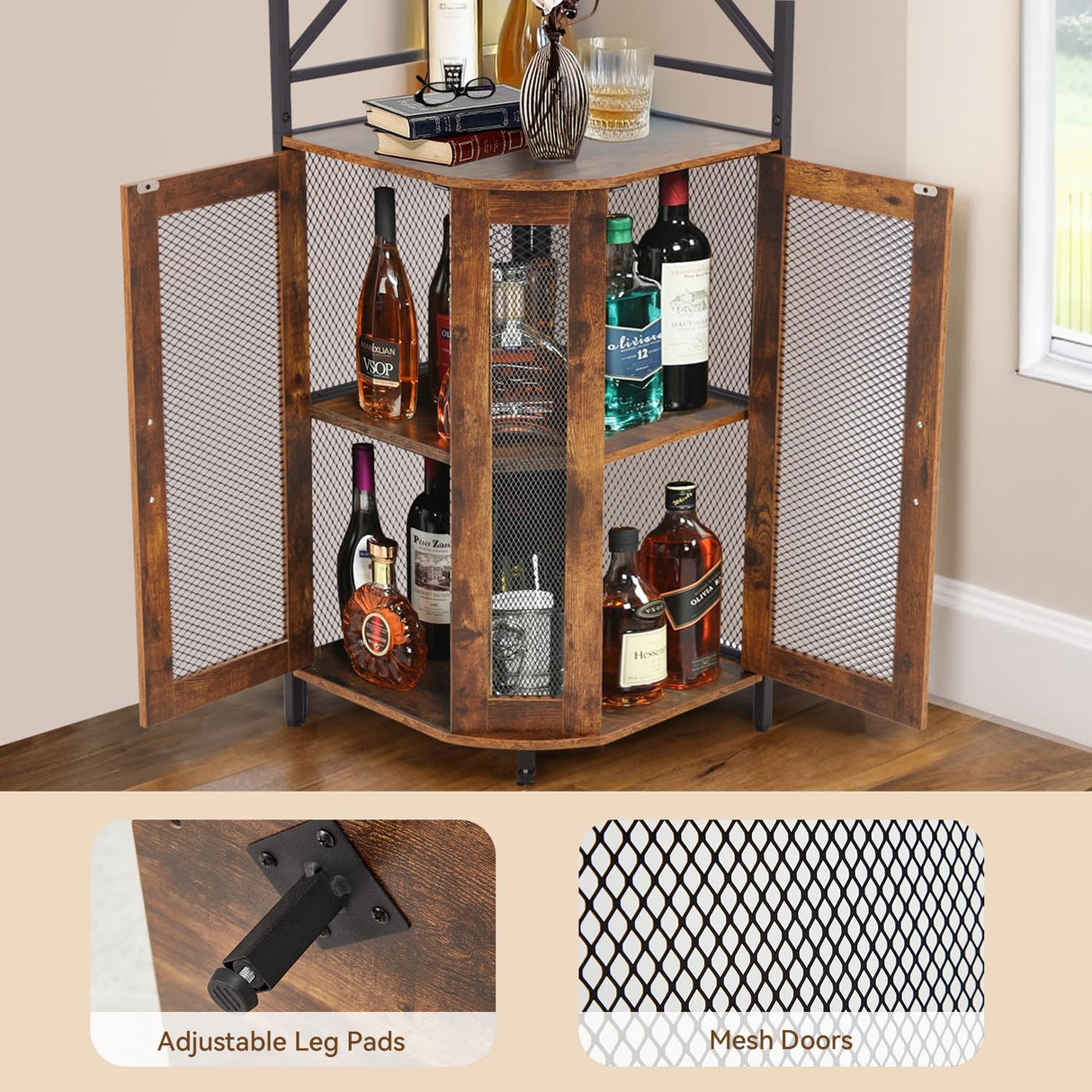 EROMMY Corner Bar Cabinet with Power Outlet, 5-Tiers Wine Bar Cabinet with LED Light and Glass Holder, Industrial Home Bar for Dining Room, Living Room, Kitchen, Rustic Brown EROMMY