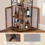 EROMMY Corner Bar Cabinet with Power Outlet, 5-Tiers Wine Bar Cabinet with LED Light and Glass Holder, Industrial Home Bar for Dining Room, Living Room, Kitchen, Rustic Brown EROMMY