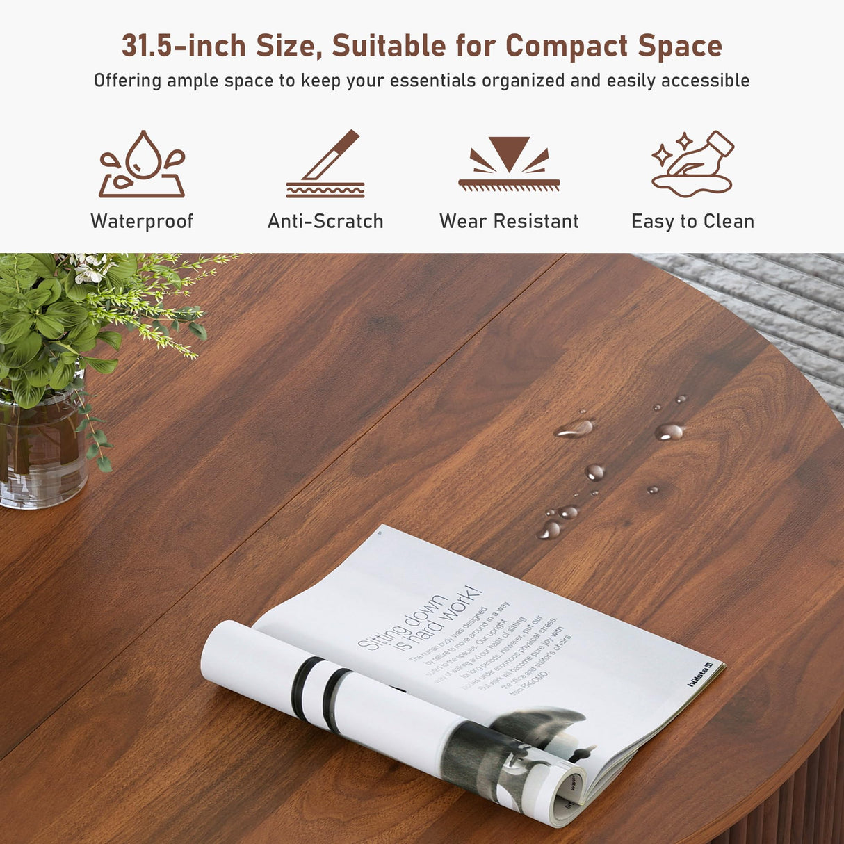 31.5" Round Coffee Table with Storage, Mid Century Modern Coffee Tables with Fluted Base, Wooden Circle Accent Center Table for Living Room Small Space Apartment Office (Walnut) LEVNARY