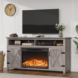 JUMMICO Fireplace TV Stand for TVs Up to 65+ Inch Entertainment Center with Open Storage Shelves and Side Cabinets, Media Console Table with Barn Doors for Living Room (Grey) JUMMICO