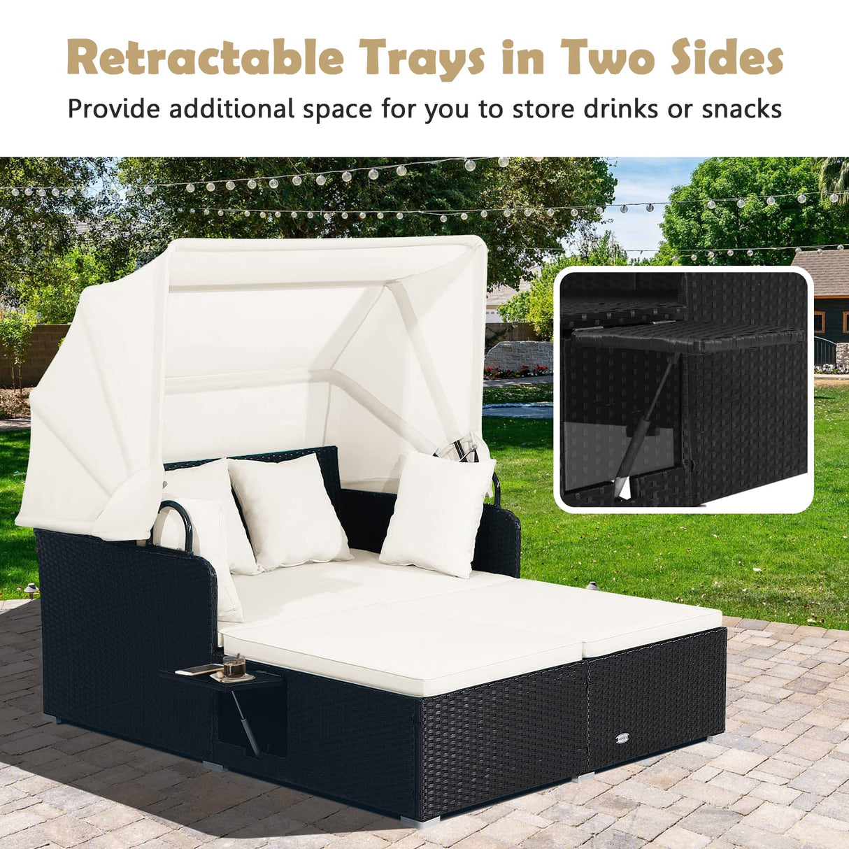 Tangkula Patio Rattan Daybed, Patiojoy Wicker Daybed Lounger w/Retractable Canopy, 2 Foldable Side Panels, Thick Seat & Back Cushions, for Garden, Backyard, Porch (Off White) Tangkula
