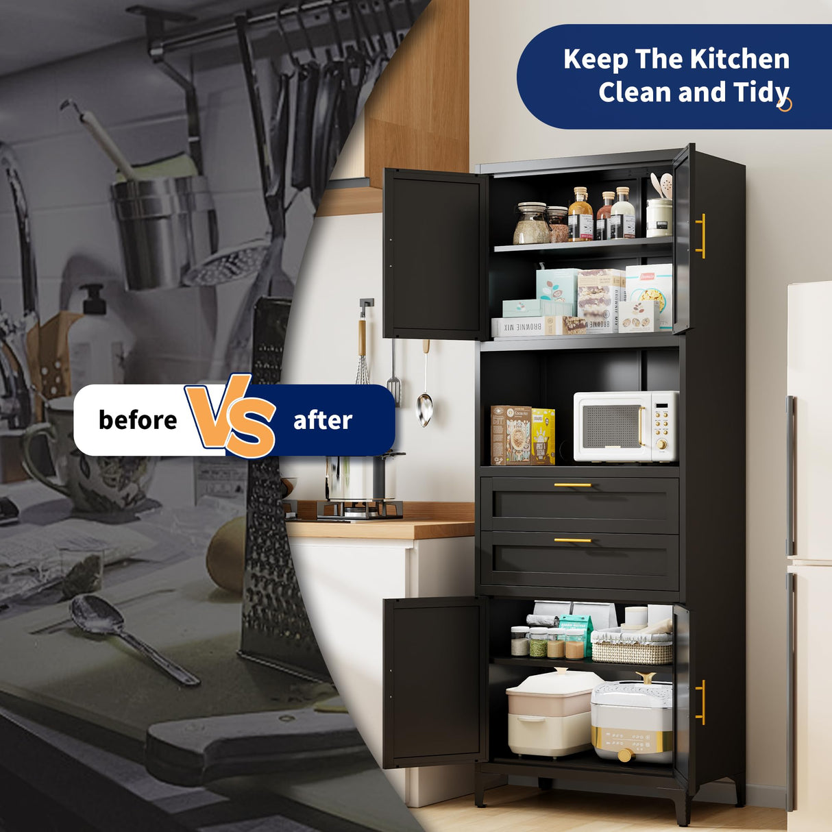 ZLBRDS 75” Tall Kitchen Pantry Storage Cabinet, Metal Storage Cabinet with 2 Drawers and Adjustable Shelves, Kitchen Pantry Cupboard, Freestanding Cupboard for Bathroom, Living Room(Black) ZLBRDS