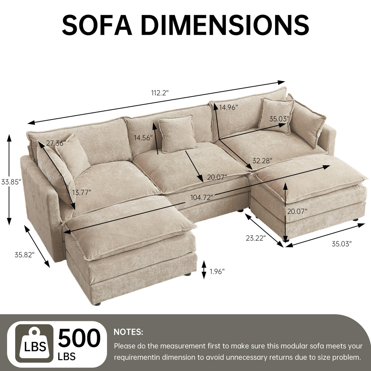 saows Modular Sectional Sofa, 112.2 Inch U Shaped Couch Set with Armrests, 3-Seater Comfy Cloud Couches with Movable Ottoman for Living Room Apartment, Coffee saows
