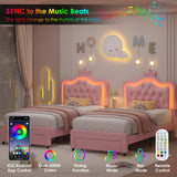 Keyluv Twin Upholstered LED Bed Frame with Storage Drawer, Leather Princess Platform Bed with Adjustable Crystal Button Tufted Crown Headboard, Solid Wooden Slats Support, No Box Spring Needed, Pink Keyluv