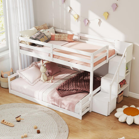 KOMFOTT Wood Twin Over Full Low Bunk Bed with Storage Staircase, Wooden Bunk Bed Frame with Full-Length Guardrails, Low Profile Bunk Bed with Slats Support, No Box Spring Needed (White) KOMFOTT