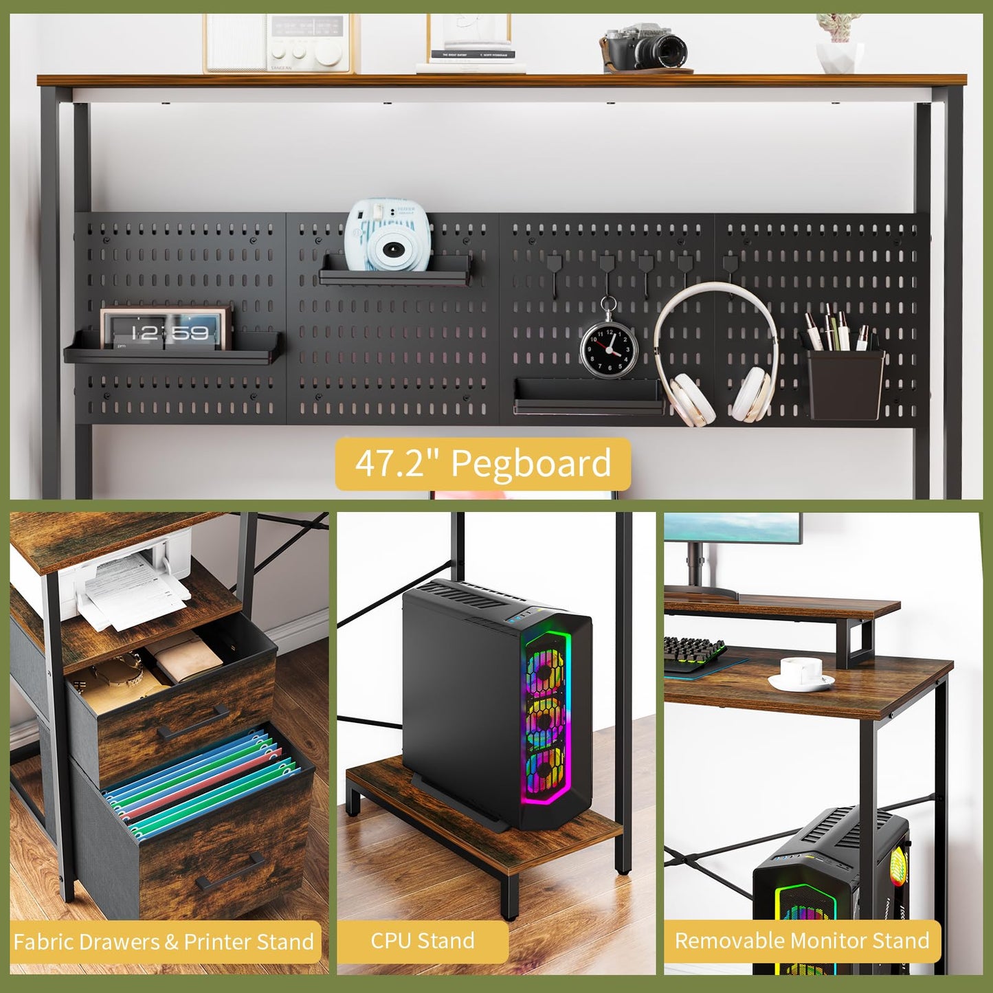 Yoobure L Shaped Desk with Pegboard, Reversible Computer Desk with Drawers & Storage Shelves, Gaming Desk with LED Lights & Power Outlets, Office Desk with Monitor Stand Corner Desk Home Office Desks