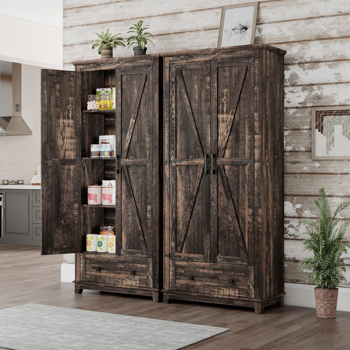 LUXOAK Farmhouse Kitchen Pantry Cabinet, 72" Tall Storage Cabinet with Adjustable Shelves & Barn Doors, Freestanding Kitchen Cupboard for Dining Room, Living Room, Dark Rustic Oak LUXOAK
