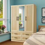 Sophshelter Rattan Armoire Wardrobe Closet: Wardrobe Closet with 4 Drawers Wardrobe Closet with 3 Doors Tall Armoire Closet with Mirror for Bedroom 47.24''W x 18.9''D x 70.9''H Sophshelter