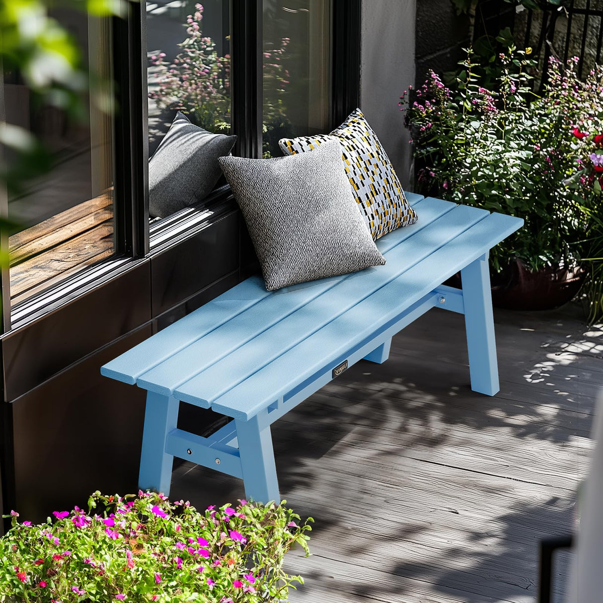 VINGLI 47” Outdoor HDPE Bench, Weatherproof Garden Bench w/Metal Legs, Poly Lumber Porch Benches, 660 LBS Capacity Outdoor Backless Patio Benches for Entryway Deck (Blue) VINGLI