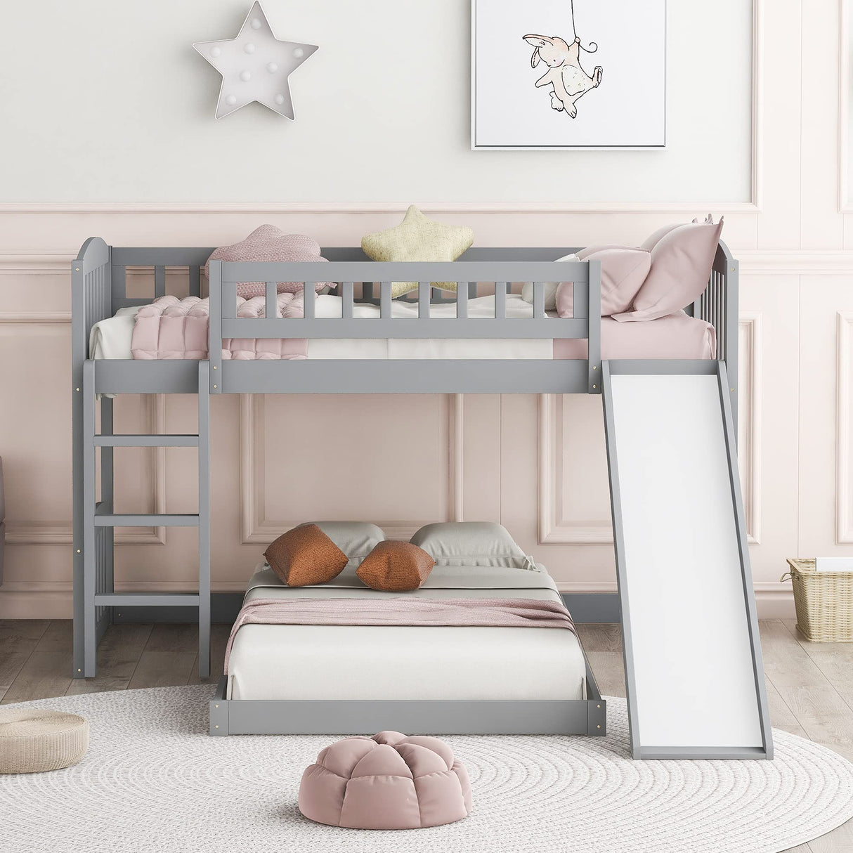 Morhome Twin Over Twin Bunk Bed with Slide - Low Floor Design, Safety Guardrails, and Sturdy Pine Wood Frame Morhome