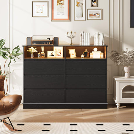 GarveeHome Dresser for Bedroom, 6 Drawer Dresser with LED Lights and Charging Station, Wide Chest of 6 Drawers with Open Space, Modern Large Capacity Storage Cabinet, Living Room, Hallway, Black GarveeHome