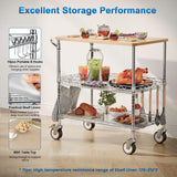 Leteuke Rolling Kitchen Carts with Wheels, 34" L x 17.5" W, 3-Tier Heavy Duty Utility Cart with Wood Tabletop, NSF Commercial Metal Serving Cart with Handle and Shelf Liner for Kitchen, Chrome Leteuke