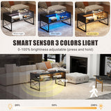 Glass Coffee Table with Storage, Grey Mid Century Modern Coffee Table for Living Room, Smart Led Light Wood Coffee Table HWB