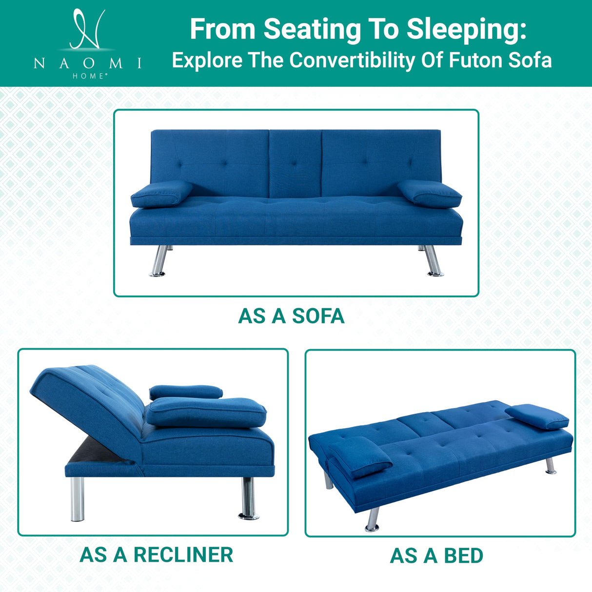 Naomi Home Blue Futon Sofa Bed, Linen Futon Couch with Armrest and 2 Cupholders, Pull Out Sofa Bed Couch with Metal Legs, Reclining Small Couch Bed, Blue Couches for Living Room Naomi Home