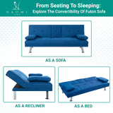 Naomi Home Blue Futon Sofa Bed, Linen Futon Couch with Armrest and 2 Cupholders, Pull Out Sofa Bed Couch with Metal Legs, Reclining Small Couch Bed, Blue Couches for Living Room Naomi Home