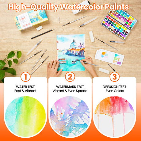 Watercolor Paint Set, 100 Colors, Travel Water Colors kit with 9 Brushes, 3 Swatch Cards, Palette set Including Metallic and Accessories Art Supplies Gifts for Kids Artists Teens Adults and Hobbyists Artdecool