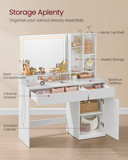 VASAGLE Vanity Desk with Mirror and Lights, Power Outlets, Vanity Table Set with Stool, Drawers, 43.3-Inch Wide Makeup Vanity, Jewelry Storage, Adjustable Shelves, for Bedroom, Cloud White URDT632W02