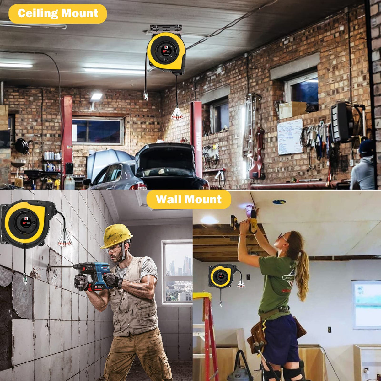 EP Retractable Extension Cord Reel,75 Feet 14 AWG/3C SJTOW Heavy Duty Power Cord,10 AMP Circuit Breaker, 3-Lighted Triple Outlets,Ceiling or Wall Mount Use Indoor/Outdoor, Yellow EP