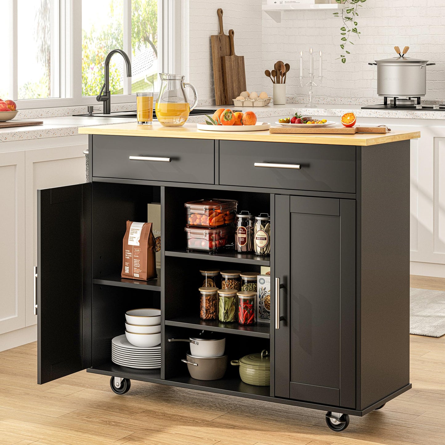 SUNLEI Kitchen Island with Storage Cart Table Rolling Butcher Block on Wheels Portable Large Mobile Counter Drop Leaf Moveable Farmhouse Floating Stand Alone Bar Drawers Wood Coffee Microwave Black