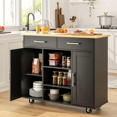 SUNLEI Kitchen Island with Storage Cart Table Rolling Butcher Block on Wheels Portable Large Mobile Counter Drop Leaf Moveable Farmhouse Floating Stand Alone Bar Drawers Wood Coffee Microwave Black SUNLEI