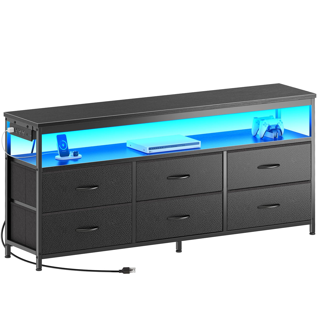 Huuger LED TV Stand for Bedroom, 55 Inch Dresser with Power Outlets, Entertainment Center for 60, 55, 50 Inch TV, 6 Drawer Dresser for Bedroom, Chest of Drawers with Open Shlef, PU Leather, Black Huuger