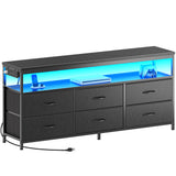 Huuger LED TV Stand for Bedroom, 55 Inch Dresser with Power Outlets, Entertainment Center for 60, 55, 50 Inch TV, 6 Drawer Dresser for Bedroom, Chest of Drawers with Open Shlef, PU Leather, Black Huuger