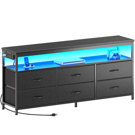 Huuger LED TV Stand for Bedroom, 55 Inch Dresser with Power Outlets, Entertainment Center for 60, 55, 50 Inch TV, 6 Drawer Dresser for Bedroom, Chest of Drawers with Open Shlef, PU Leather, Black Huuger