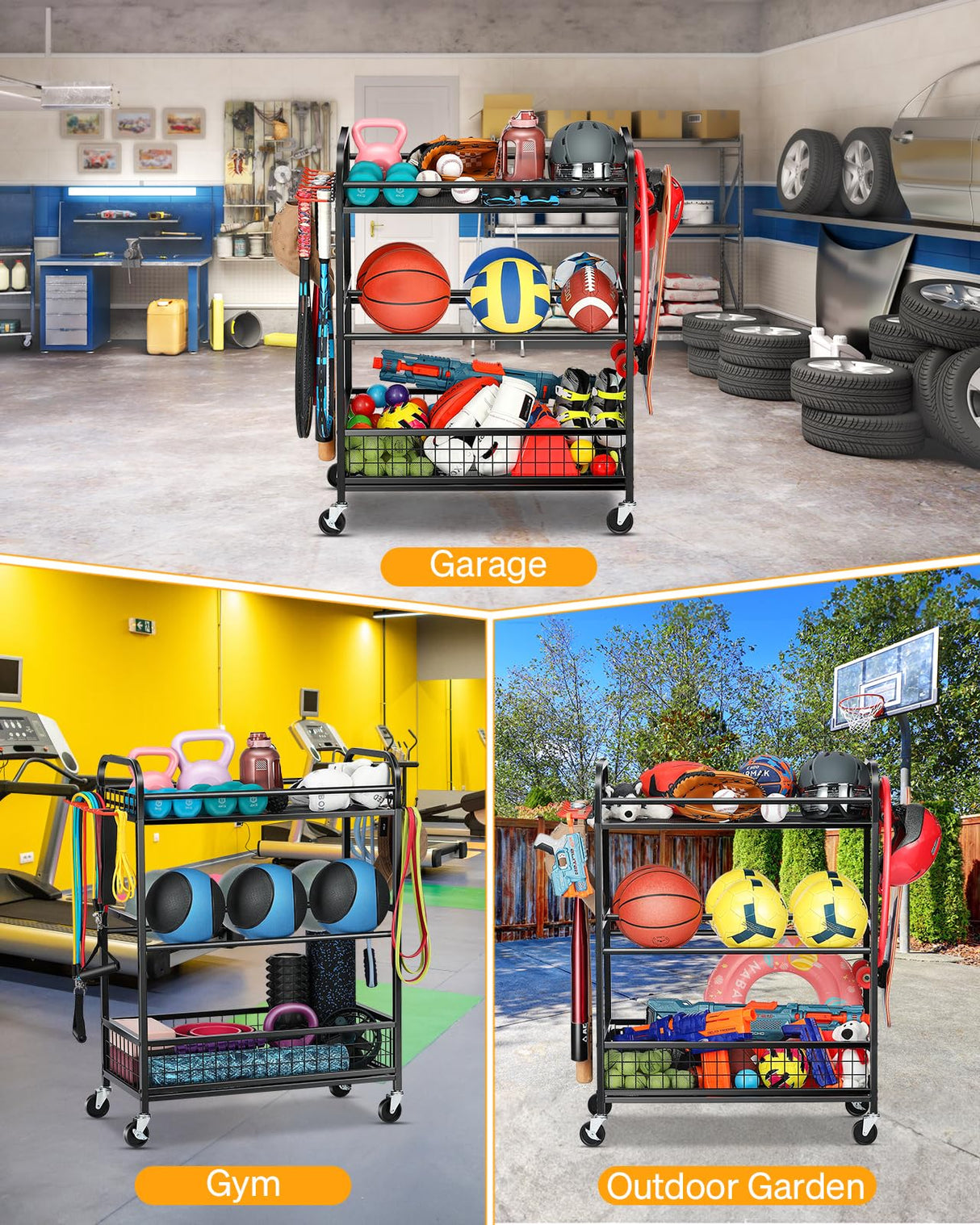 EXTCCT Ball Storage Sports Equipment Organizer - Garage Storage Cart Rolling Ball Storage Rack with Hooks Wheels Outdoor Indoor Gym Gear Toy Holder Bin for Basketball, Baseball, Soccer EXTCCT