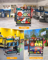 EXTCCT Ball Storage Sports Equipment Organizer - Garage Storage Cart Rolling Ball Storage Rack with Hooks Wheels Outdoor Indoor Gym Gear Toy Holder Bin for Basketball, Baseball, Soccer EXTCCT