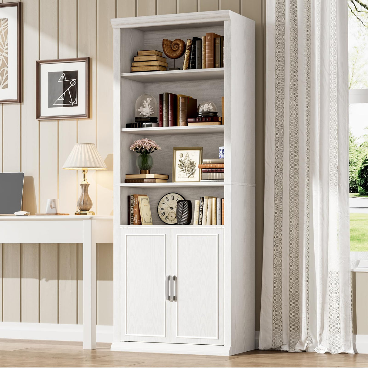 Rresyet 28" W Bookcase with Doors, Modern Tall Bookshelf 6-Tier White Bookshelves with Storage Cabinet for Office, Living Room, Library Rresyet