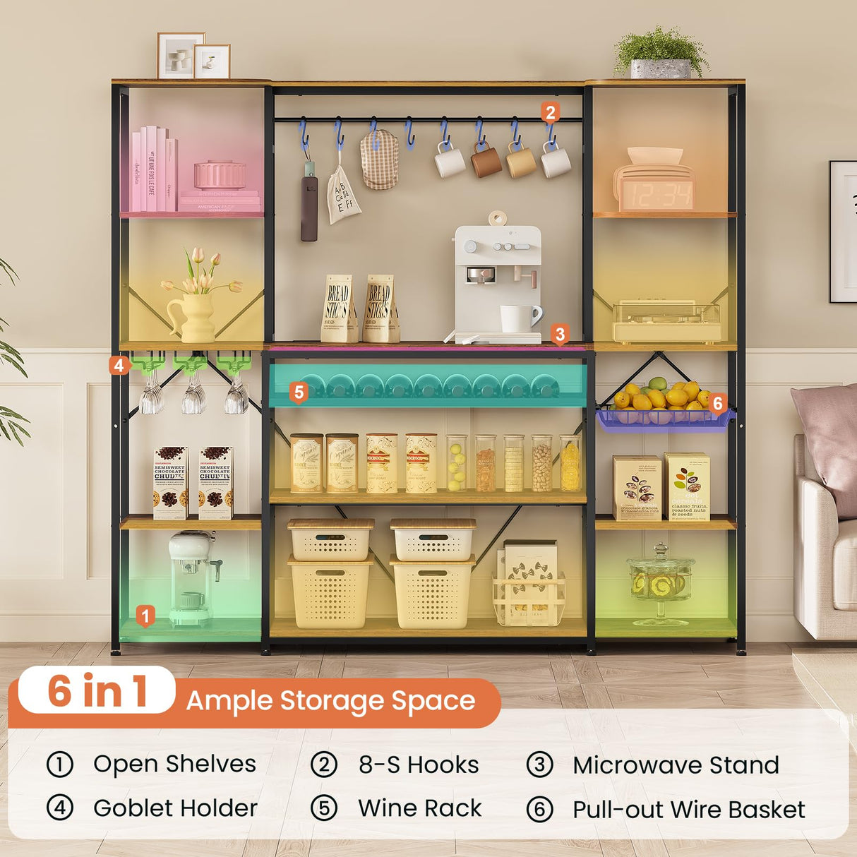 UPOSOJA Large Bakers Rack with Power Outlet, 62.4in Wide Kitchen Microwave Stand with Storage Shelves, 5-Tier Coffee Bar, Wine Rack, Goblet Holder, 8 Hooks, Wire Basket(Rustic Brown, Large) UPOSOJA