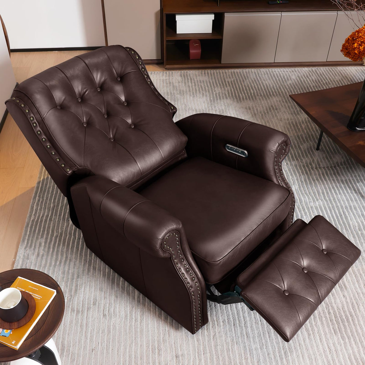 EONIX Dual Motor Lay Flat Power Recliner Chair, Mid Century Wingback Recliner with Independent Adjustable Backrest and Extended Footrest, 400lbs Heavy Duty, Breathable Faux Leather, Dark Brown EONIX