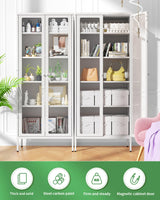 Bonusall Display Cabinet with Glass Doors,67” Metal Display Curio Cabinet with Glass Doors and 4 Adjustable Shelves for Collectibles,Home Office,Living Room,Gaming Room(White) Bonusall