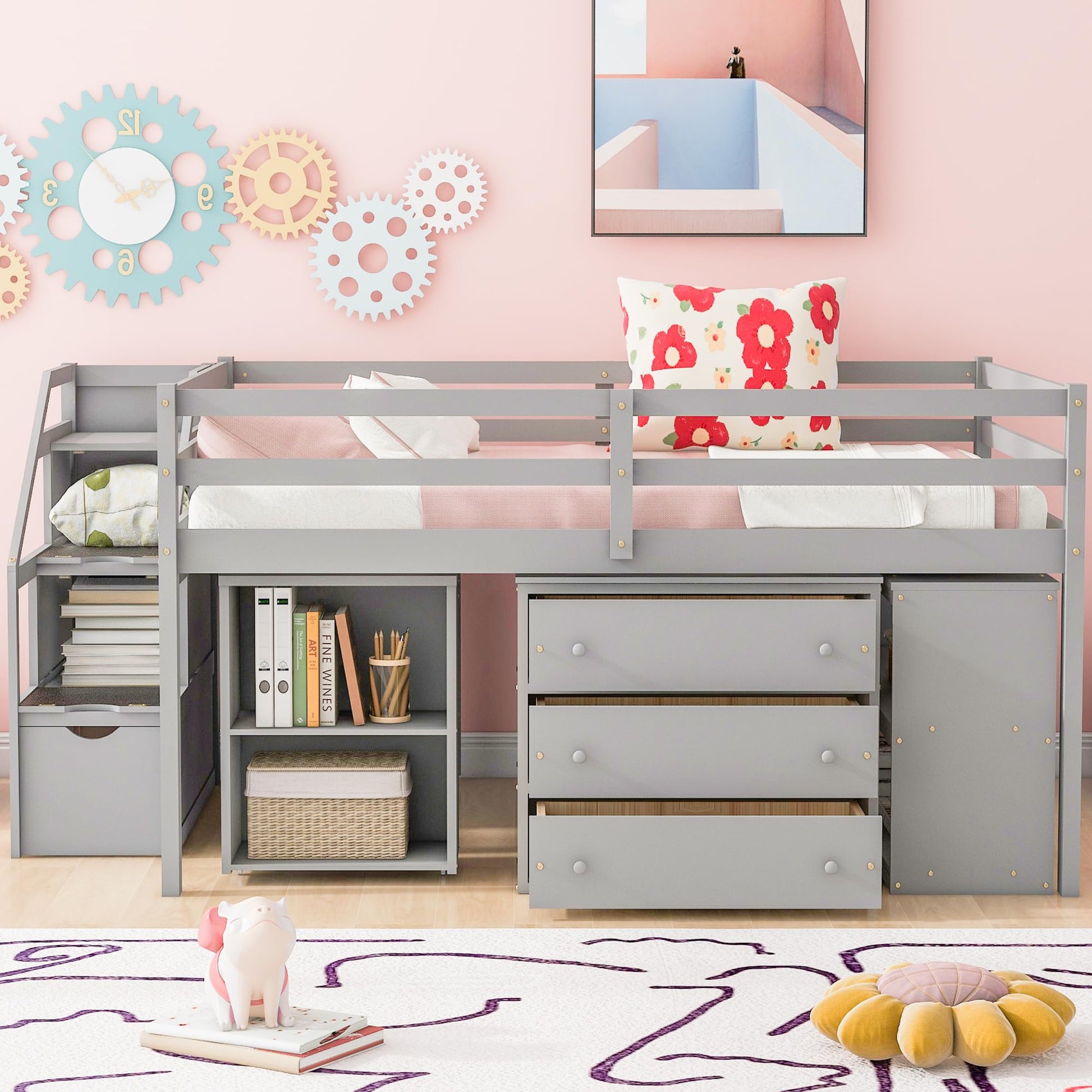 Harper & Bright Designs Grey Full Low Loft Bed with Storage, Stairs, and Rolling Desk - WoodArtSupply