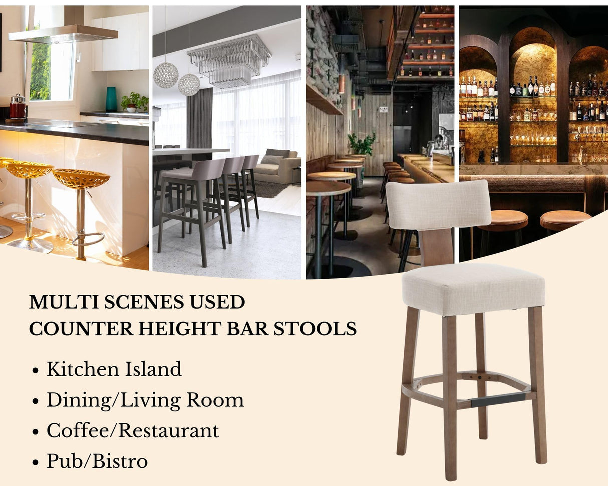 Farmhouse 30'' Extra Tall Bar Stools Set of 2 Modern Counter Height Barstools with Backs Rustic Wood Bar Stools Linen Upholstered Counter Chairs Kitchen Island Stool Chairs with Wood Frame, Beige LIVINOVA