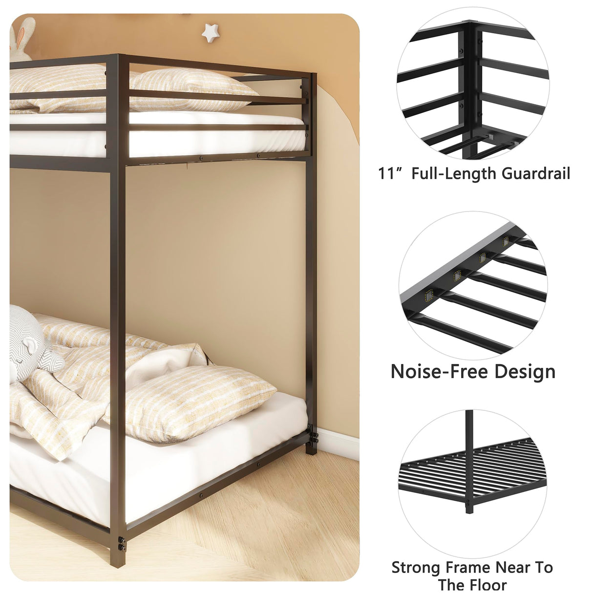 Bellemave Twin Over Twin bunk Bed，Metal Floor Bunk Bed, Bunk Bed for Kids, Adults, Bunk Bed for Boys, Girls, Adult bunk beds Heavy Duty, Twin Over Twin, Black Bellemave