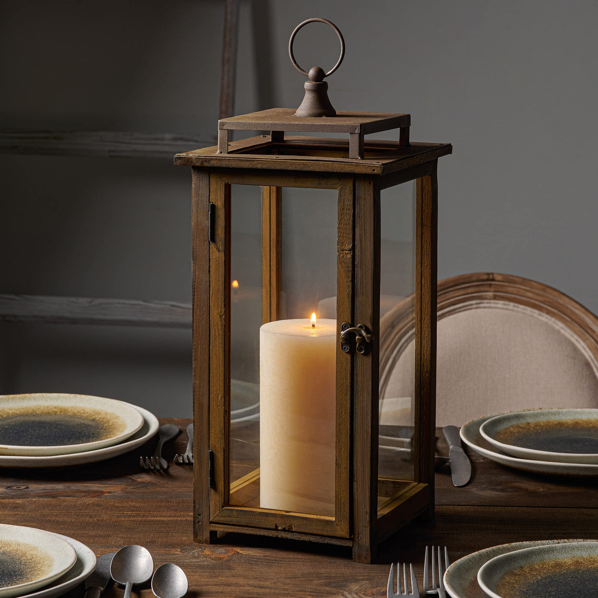 Stonebriar 18 Inch Rustic Wooden Candle Hurricane Lantern, For Table Top, Mantle, Wall Hanging, or Garden Display, Indoor & Outdoor Use, Extra Large Stonebriar