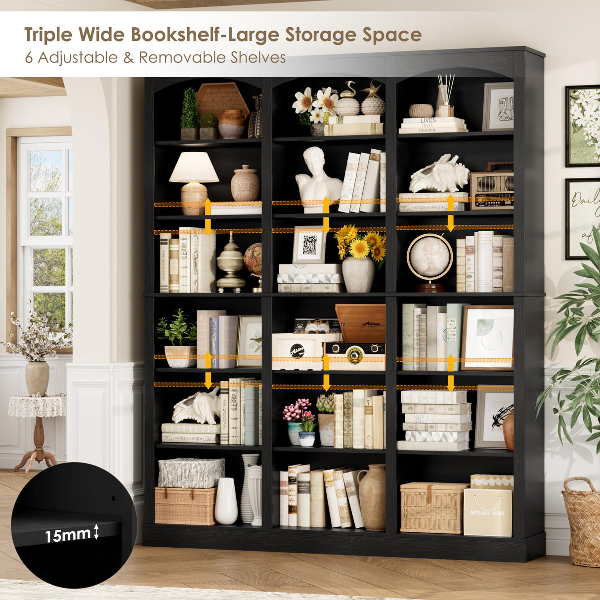 FACBOTALL 71" Triple Wide Bookshelf, 6 Tier Tall Bookshelf, Large Book Shelf with Curved Baffle, 63.4" Wide Bookcase with 18 Open Display Shelves for Living Room, Study, Black FACBOTALL