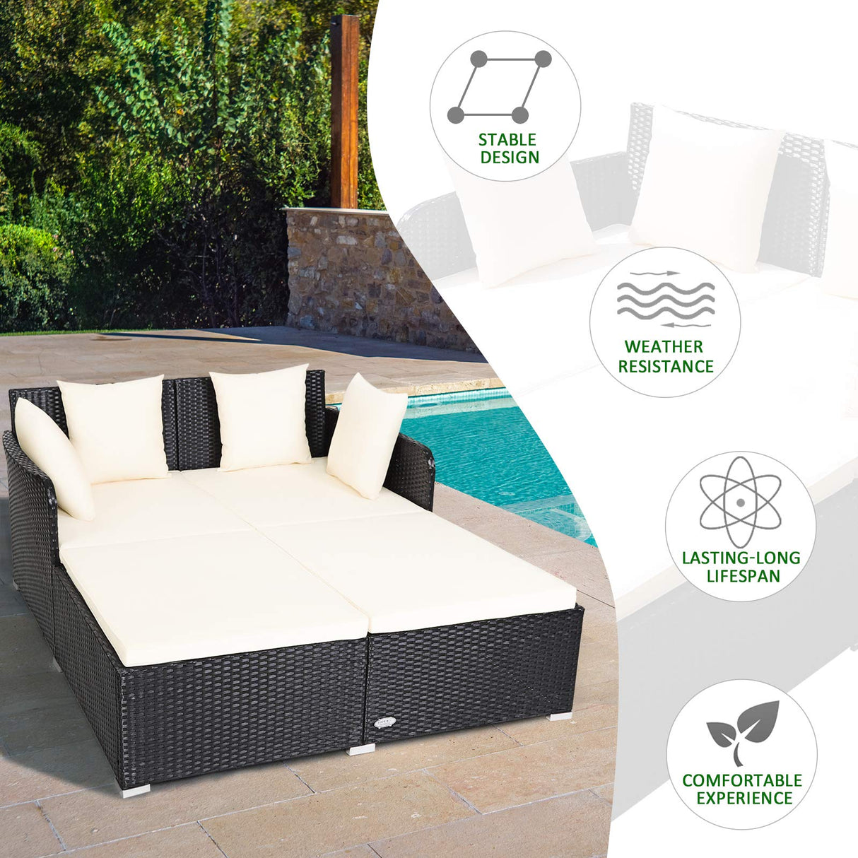 COSTWAY Outdoor Patio Rattan Daybed, Sponge Cushioned Loveseat Sofa with 4 Pillows, Wicker Furniture Sunbed for Balcony, Courtyard (Beige) COSTWAY