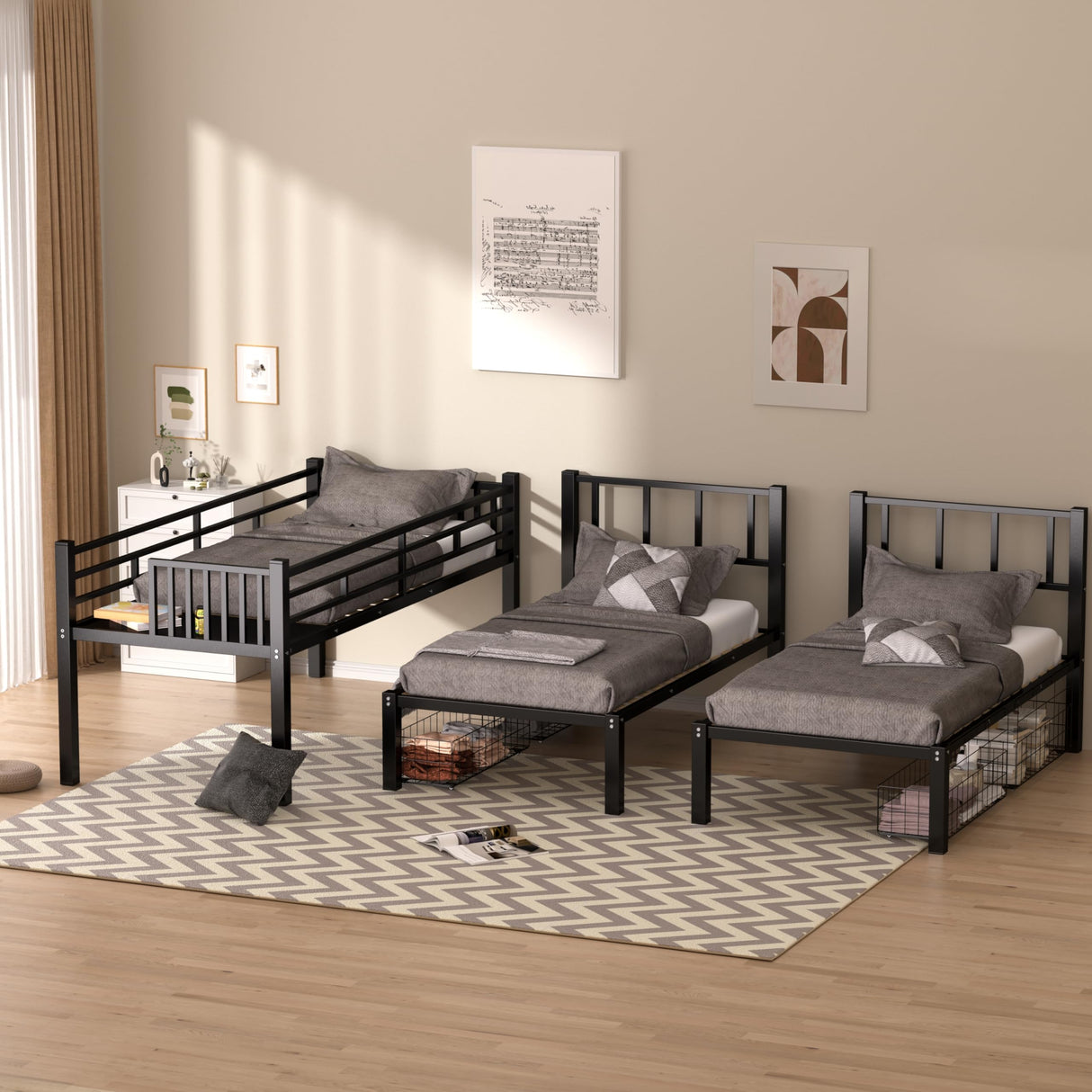 UOCFYK Twin L-Shaped Triple Bunk Bed with Drawers,Can be Divided into 3 Separate Beds w/Safety Textilene Guardrals & Ladder,Space Saving Design for 3 Kids & Teens, No Box Spring Needed, Black UOCFYK