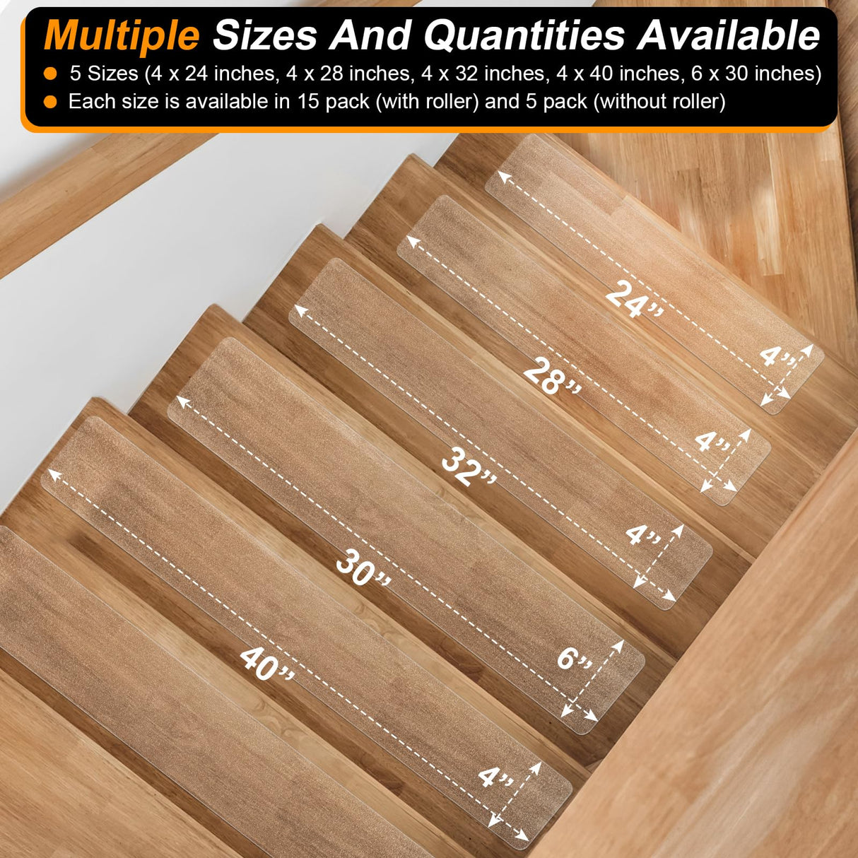 SMILOOL Clear Non Slip Stair Treads for Wooden Steps Indoor, 4" x 40" 5 Pack, Pre-Cut Anti Slip Stair Strips for Wood Stairs, Waterproof Grip Tape for Kids Elders and Pets, Transparent SMILOOL