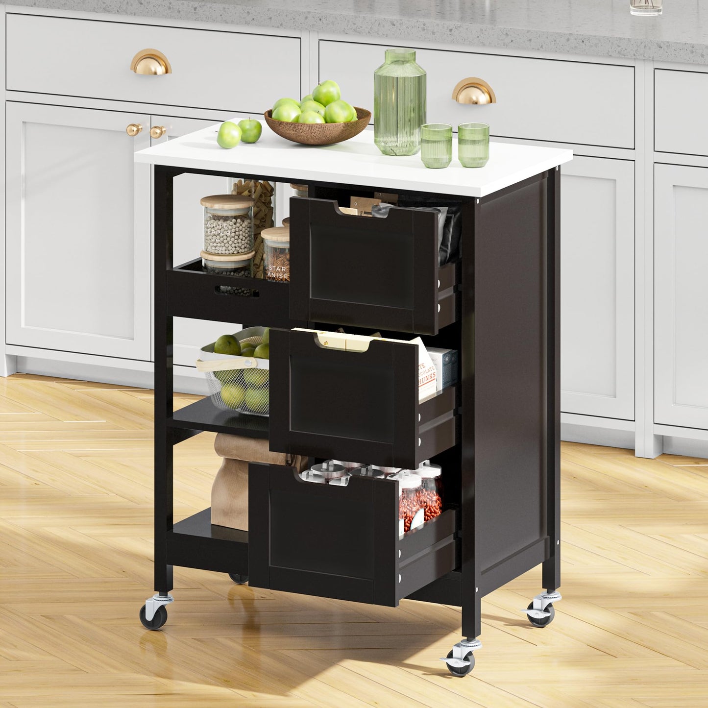 YITAHOME Small Solid Wood Top Kitchen Island Cart on Wheels with Storage, Rolling Portable Dining Room Serving Utility Carts Mobile Movable with 3