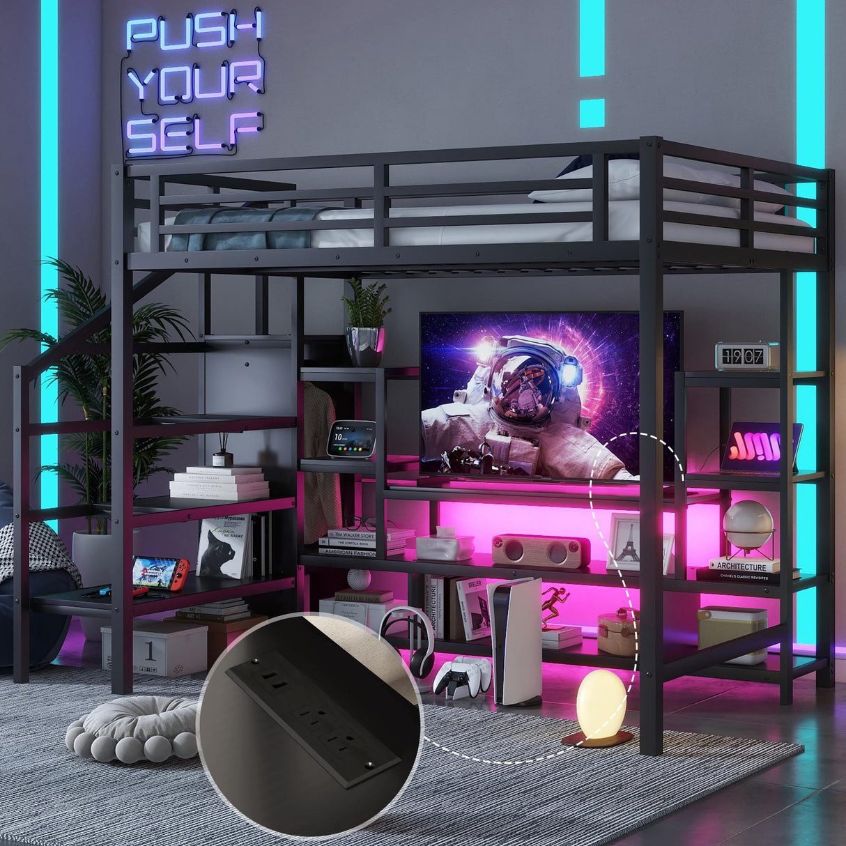 Full Size Loft Bed with LED Light & TV Table, Adults Loft Beds with Charging Station & Storage Bookcase, Wardrobe, Heavy-Duty Metal Lofts Frame with Stairs for Kids, Teens & Youth Dorms, Black Mirightone