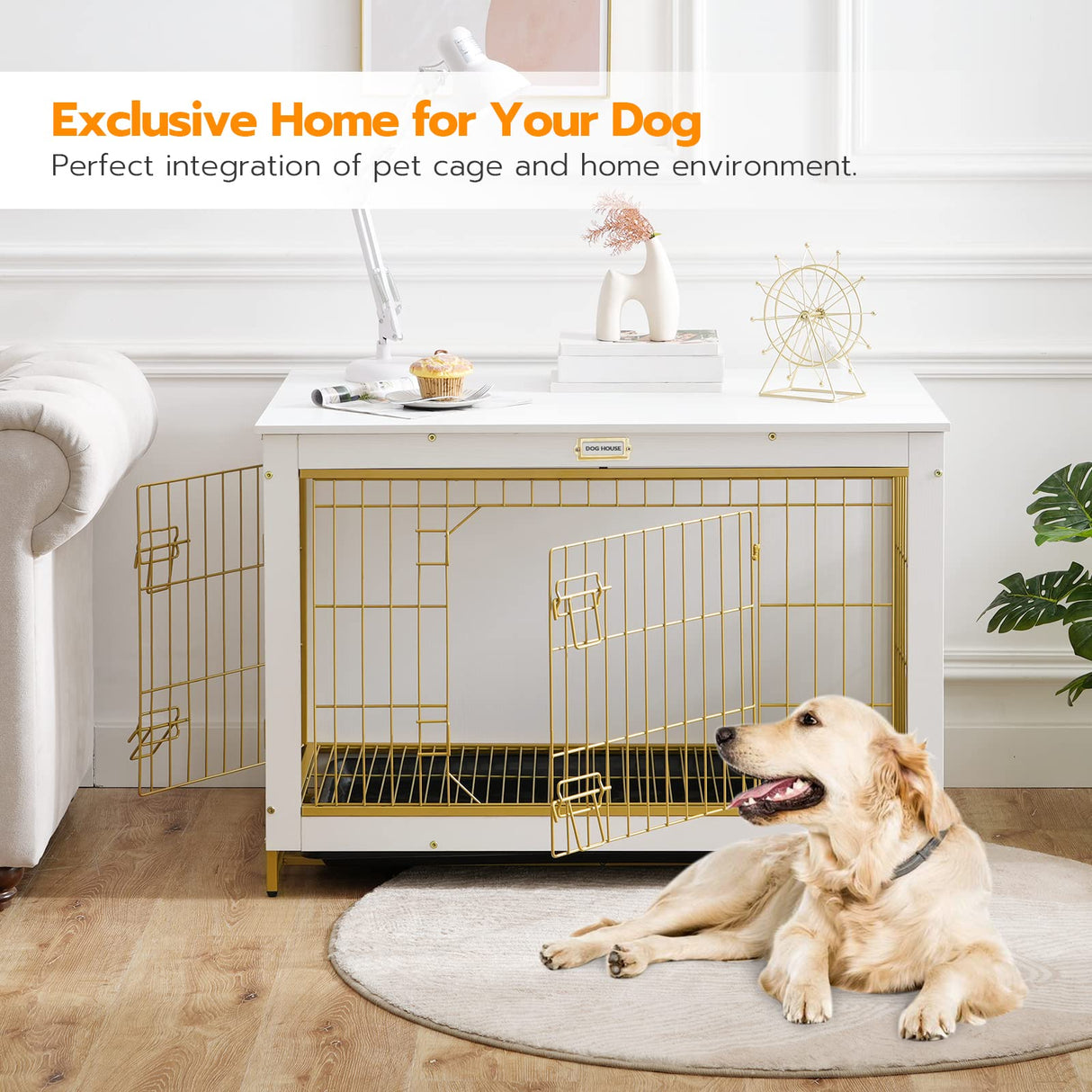 HOOBRO Dog Crate Furniture, 38.6" Large Dog Kennel Indoor, Wooden Dog Crate with Pull-Out Tray, Double Doors Dog House, Modern Side End Table for Small/Medium/Large Dog, White DW982GW03 HOOBRO