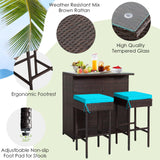 RELAX4FLIE 3-Piece Outdoor Bar Set, Patio Wicker Bar Table and Chairs Set w/Cushioned Stools 2 Open Shelves & Glass Table Top, Rattan Bar Table Set for Poolside, Garden and Backyard (Turquoise) RELAX4LIFE