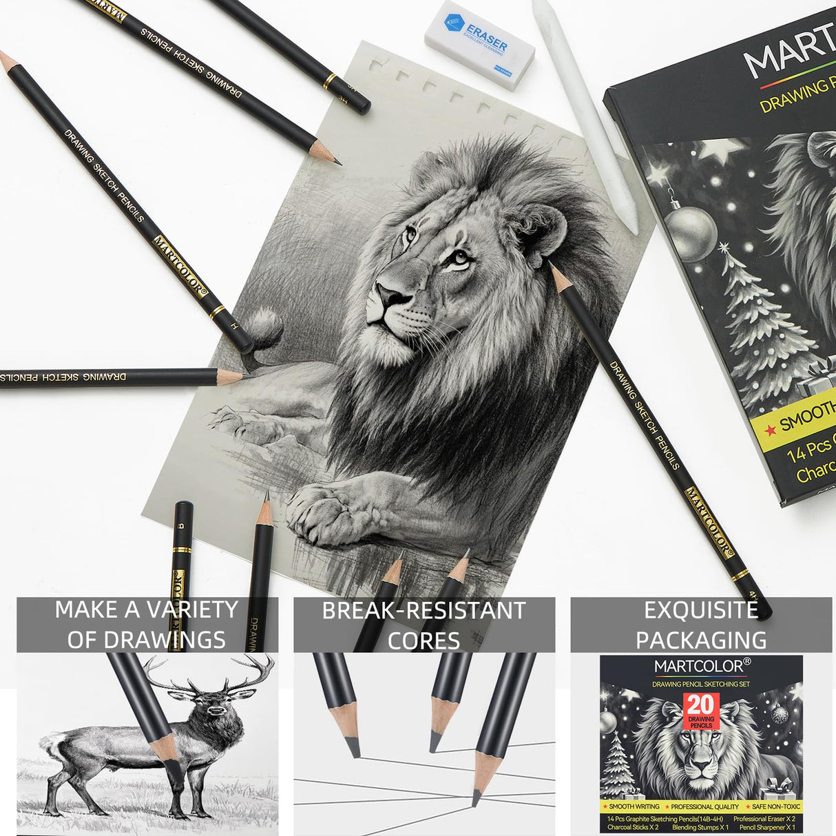 MARTCOLOR Drawing Sketching Pencil Set, 20 Pieces, Graphite Pencils (14B-4H), Charcoal Sticks, Stump, Eraser, Sharpeners, Ideal for Drawing Art, Sketching, Artist Pencils for Beginners & Pro Artists MARTCOLOR